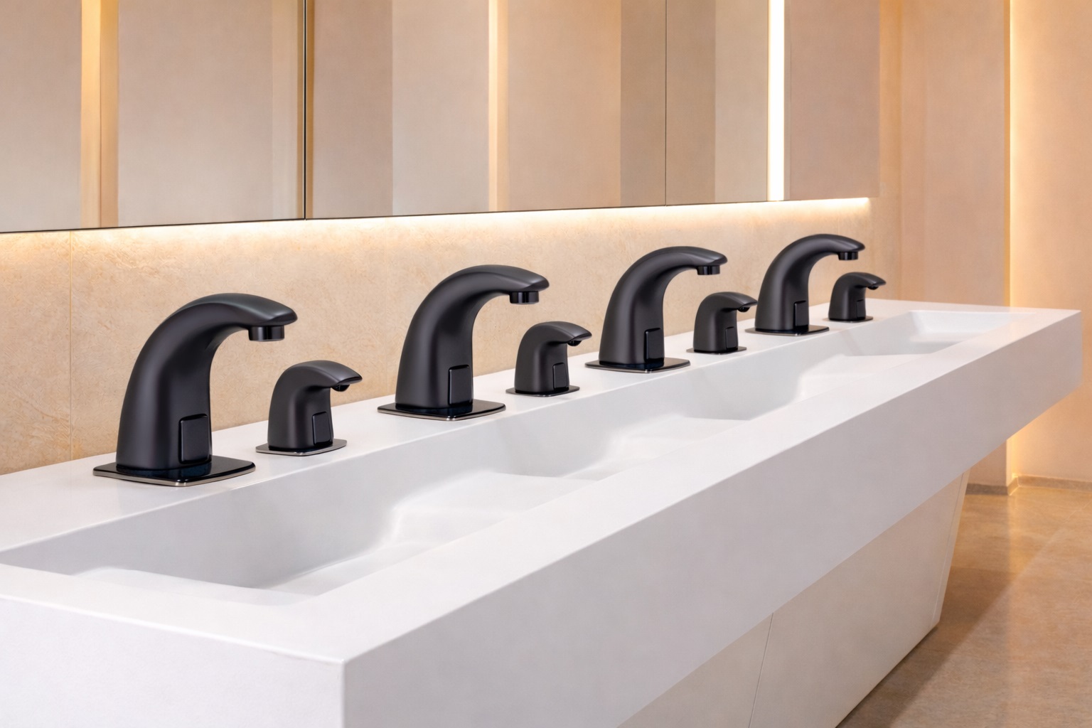 Architectural commercial restroom fixtures with integrated soap dispensing and sensor faucets